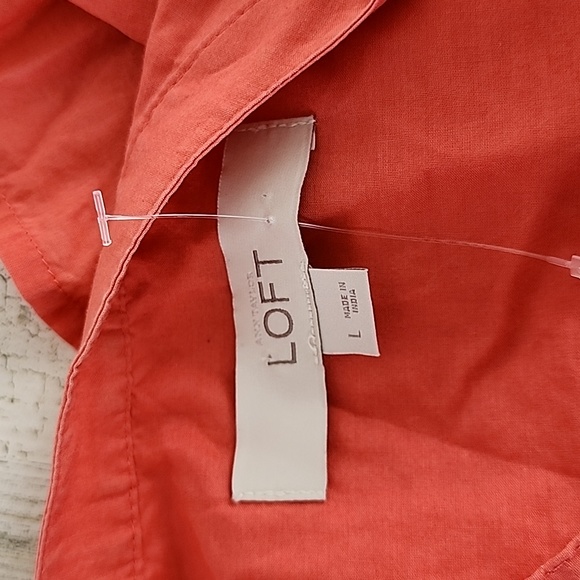 LOFT coral v neck button up tunic top tab sleeves 2 patch pockets Size Large - Picture 5 of 6